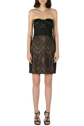 Pre Owned Marchesa Notte Black Chantilly Lace Embellished Bodice Strapless Pencil Dress S