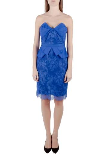 Pre Owned Marchesa Notte Cobalt Blue Lace and Organza Strapless Peplum Cocktail Dress S