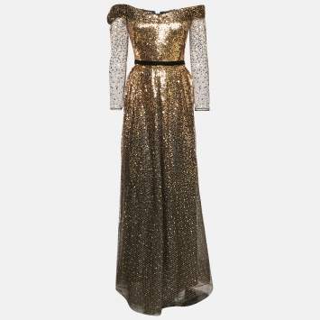 Pre Owned Marchesa Notte Black/Gold Sequin Embellished Tulle Off Shoulder Gown L