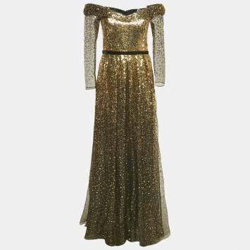 Pre Owned Marchesa Notte Black/Gold Sequin Embellished Tulle Off Shoulder Gown S