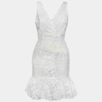 Pre Owned Marchesa Voyage White Floral Embroidered Lace Sleeveless Flounce Hem Dress S