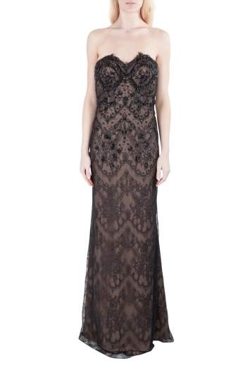 Pre Owned Marchesa Notte Black Embellished Lace Overlay Strapless Evening Gown M