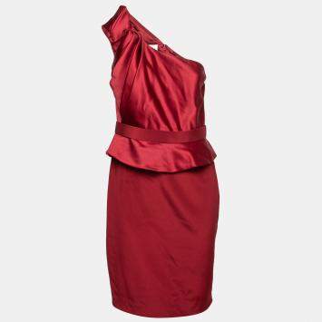Pre Owned Marchesa Notte Maroon Rosette Draped Silk One Shoulder Peplum Dress M