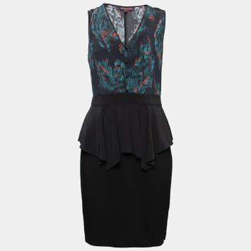 Pre Owned Marchesa Voyage Black Ikkat Print Silk Sleeveless Peplum Dress M