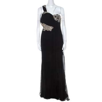 Pre Owned Marchesa Black Silk Embellished Bodice Evening Gown M 