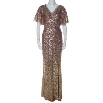 Pre Owned Marchesa Notte Blush & Gold Ombre Sequin Embellished Detail Gown S