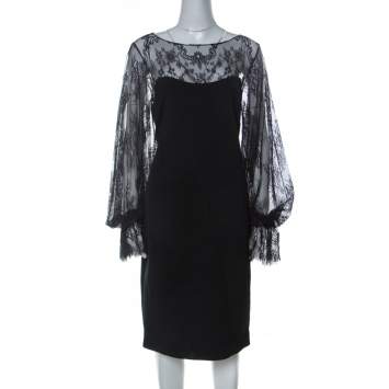 Pre Owned Marchesa Notte Black Silk Sheer Lace Yoke Detail Shift Dress L