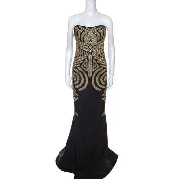 Pre Owned Marchesa Black Embellished Silk Slub Strapless Gown L