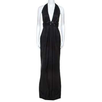Pre Owned Marchesa Notte Black Silk Embellished Waist Halterneck Evening Gown M