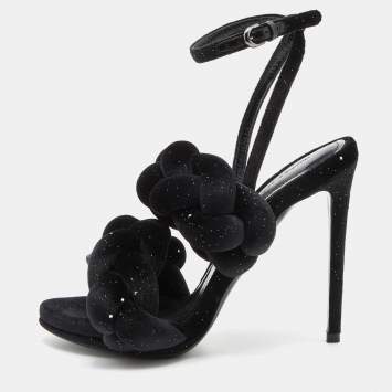 Pre Owned Marco de vincenzo Black Braided Glitter Velvet Ankle Strap Sandals Size 38.5