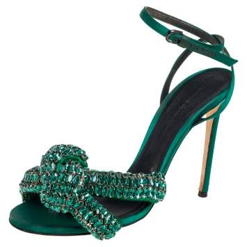 Pre Owned Marco de vincenzo Green Crystal Embellished Satin Knotted Ankle Strap Sandals Size 38.5