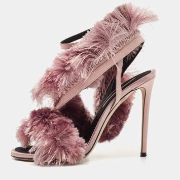 Pre Owned Marco De Vincenzo Pink Satin and Leather Fringed Slingback Sandals Size 38