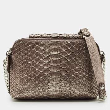 Pre Owned Maria Oliver Brown Python Double Zip Crossbody Bag