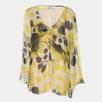 Pre Owned Marina Rinaldi Yello/Black Sunflower Print Chiffon Blouse L