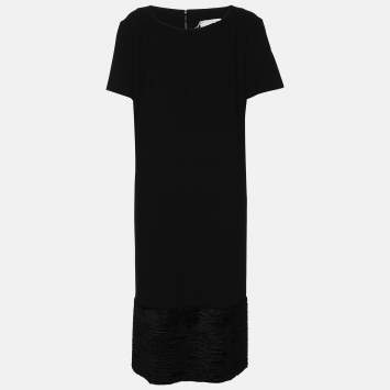 Pre Owned Voyage by Marina Rinaldi Black Crepe Pleated Neck Midi Dress L