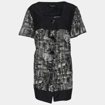 Pre Owned Marina Sport by Marina Rinaldi Black/White Chiffon Square Neck Tops L