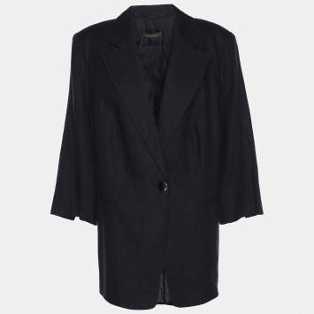 Pre Owned Marina Rinaldi Navy Blue Linen Single Breasted 3/4 Sleeve Blazer L