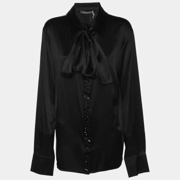 Pre Owned Marina Rinaldi Black Stretch Silk Crystal Embellished Long Sleeve Scarf Neck Shirt L