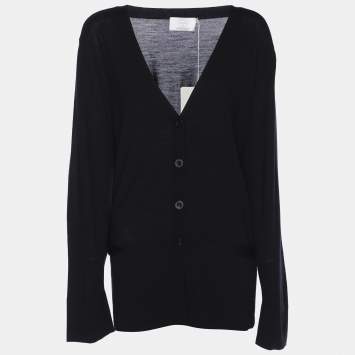 Pre Owned Marina Rinaldi Navy Blue Fleece Wool Knit Button Front Sweater L