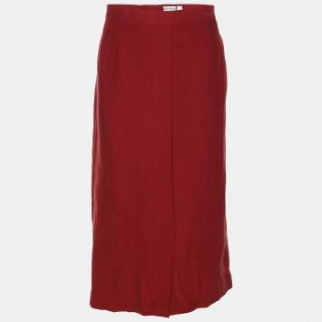 Pre Owned Marina Rinaldi Red Linen Straight Midi Skirt L