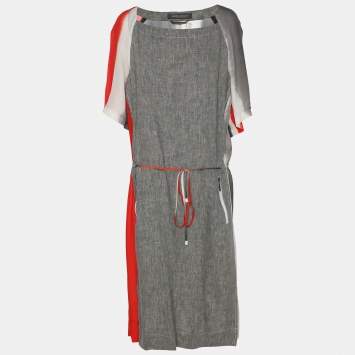 Pre Owned Marina Rinaldi Multicolor Silk Linen Drawstring Dress L