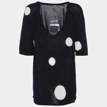 Pre Owned Marina Sport by Marin Rinaldi Navy Blue/White Stretch Knit Polka Dot V Neck Sweater L