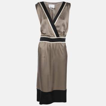 Pre Owned Voyage by Marina Rinaldi Metallic Beige/Black Sleeveless Mni Dress L
