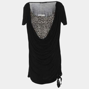 Pre Owned Marina Rinaldi Black Jersey Leopard Print Tops L
