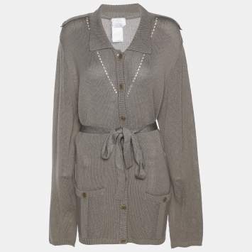Pre Owned Voyage by Marina Rinaldi Grey Stretch Knit Belted Cardigan L