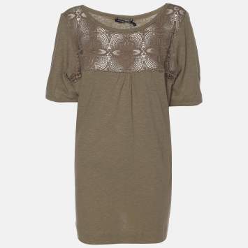 Pre Owned Marina Sport by Marina Rinaldi Khaki Jersey Knitted Embroidered Top L