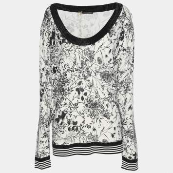 Pre Owned Marina Rinaldi White/Black Printed Knit Embellished Neck Top XL