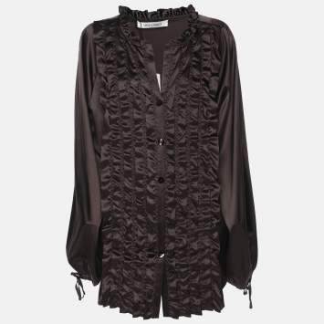 Pre Owned Marina Rinaldi Dark Brown Stretch Satin Ruffle Front Shirt L