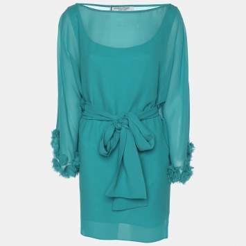 Pre Owned Marina Rinaldi Teal Silk Floral Applique Belted Top L