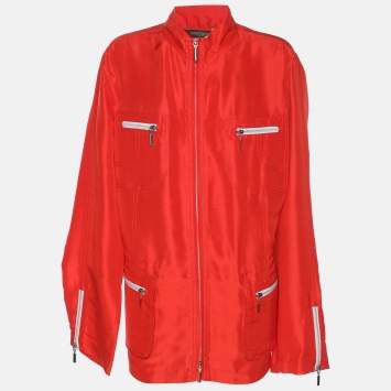 Marina Rinaldi Orange Silk Zip Up Patch Pocket Jacket L