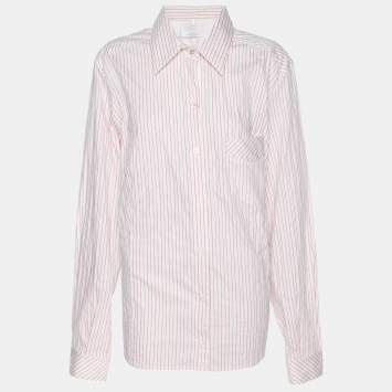 Pre Owned Voyage by Marina Rinaldi Pink/White Stripe Cotton Blend Removable Collar Long Sleeve Shirt L