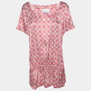 Pre Owned Marina Rinaldi Pink Printed Silk Short Sleeve Top L