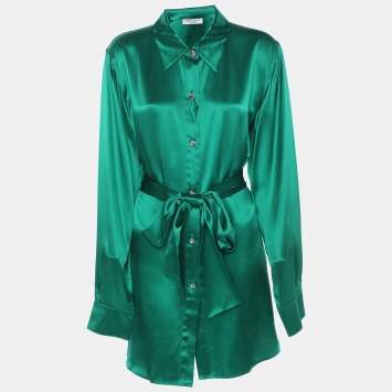 Pre Owned Marina Rinaldi Green Satin Scarf Neck Long Sleeve Shirt L