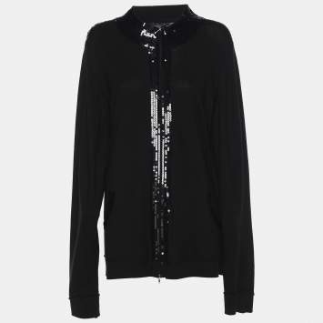 Pre Owned Marina Sport by Marina Rinaldi Black Knit Sequin Embellished Front Zip Sweater XL