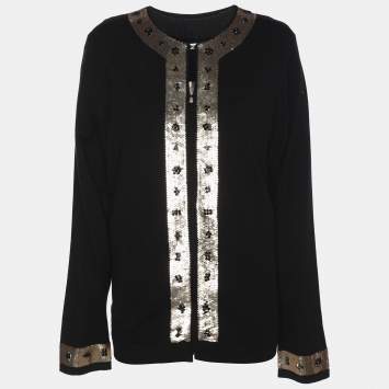 Marina Rinaldi Black/Gold Jersey Sequin Embellished Cardigan Set L