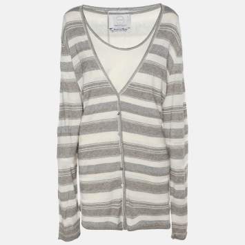 Voyage by Marina Rinaldi Grey/Off White Stripe Stretch Knit Cardigan Set L