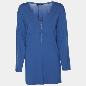 مملوكة مسبقًا Marina Sport by Marina Rinaldi Blue Jersey Crystal Embellished V Neck Sweater L