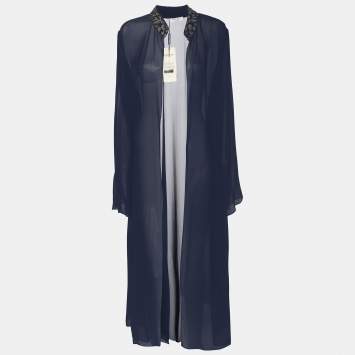 Pre Owned Marina Rinaldi Blue Chiffon Beads Embellished Long Cardigan L