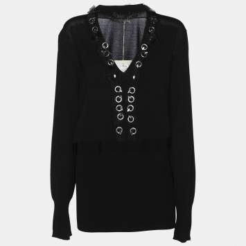 Marina Rinaldi Black Stretch Knit Embellished Long Sleeve Blouse L