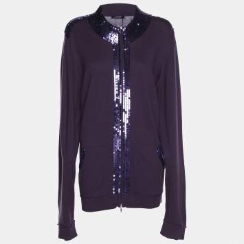Pre Owned Marina Sport by Marina Rinaldi Purple Stretch Knit Sequined Cardigan XL