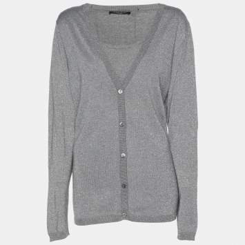 Pre Owned Marina Sport by Marina Rinaldi Grey/Silver Lurex Knit Button Front Sweater L