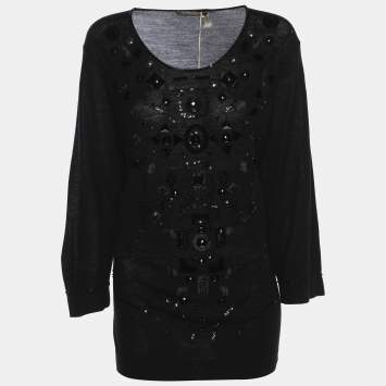 Pre Owned Marina Rinaldi Black Stretch Wool Embellished Sweater L