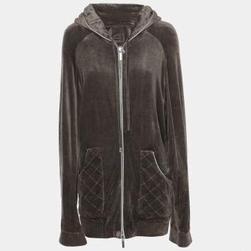 Pre Owned Voyage by Marina Rinaldi Grey Velvet Drawstring Hoodie Jacket L