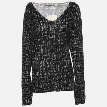 Pre Owned Marina Rinaldi Black/Off White Stretch Knit Scoop Neck Sweater L