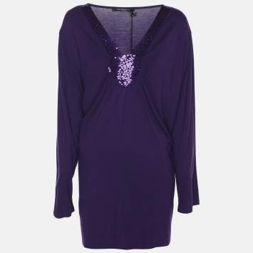 Pre Owned Marina Sport by Marina Rinaldi Purple Jersey Sequin Embellished V Neck Tops XL