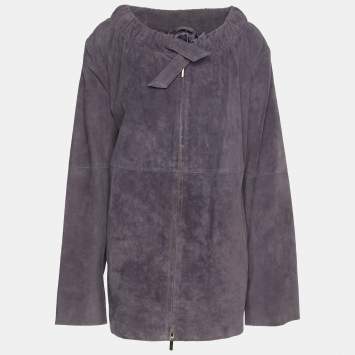 Pre Owned Marina Rinaldi Amethyst Smoke Suede Frill Collar Jacket L